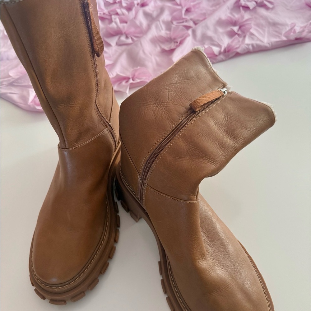 SCHUTZ Cognac Leather Mid-Calf Lug Sole Boots